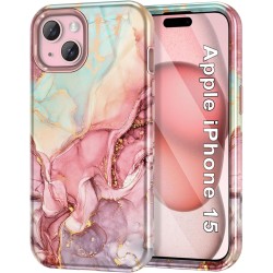 iPhone 15 Case 6.1 inch (2023), Marble Pattern 3 in 1 Heavy Duty Shockproof Full Body Hard PC+Soft Silicone Drop Protective Women Girls Cover for iPhone 15, Rose Gold
