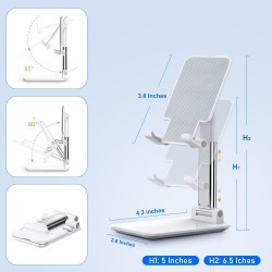Cell Phone Stand, Angle Height Adjustable Cell Phone Holder with Silicon Pad for Desk Fully Forldable Mobile Phone Holder Compatible with All Mobile Phones, MT-6, (White)