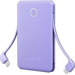 6000mah Ultra Slim Built in Cables Power Bank, Card Size Built in USB C Cords Battery Pack Portable Charger for Phones, 3 Output External Battery Pack Compatible with iPhone, Samsung, Google, Purple
