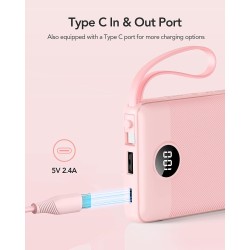 Portable Charger 10000mAh, Slim LED Display Power Bank, 5 Output 2 Input Cell Phone Battery Pack, Built-in Micro & USB C Cables Phone Charger Compatible with iPhone,Samsung,Android etc-Pink