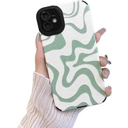 Designed for iPhone 12 Phone Case, Soft PU Leather TPU and Cute Art Wavy Painted for Women Girls, Slim Protective Shockproof Compatible with iPhone Case (Green, iPhone 12)