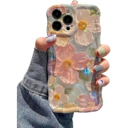 Case for iPhone 15 Pro Max, Colorful Retro Oil Painting Printed Flower Laser Glossy Pattern Cute Curly Wave Edge Exquisite, Stylish Durable TPU Protective Phone Cover for Girls Women-Green