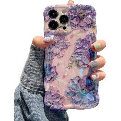 Case for iPhone 15 Pro Max, Colorful Retro Oil Painting Printed Flower Laser Glossy Pattern Cute Curly Wave Edge Exquisite Phone Cover Stylish Durable TPU Protective Case for Girl Women-Purple