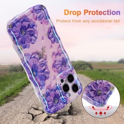 Case for iPhone 15 Pro Max, Colorful Retro Oil Painting Printed Flower Laser Glossy Pattern Cute Curly Wave Edge Exquisite Phone Cover Stylish Durable TPU Protective Case for Girl Women-Purple