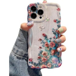 Case for iPhone 15 Pro Max, Colorful Retro Oil Painting Printed Flower Laser Glossy Pattern Cute Curly Wave Edge Exquisite Phone Cover Stylish Durable TPU Protective Case for Girls Women-Beige