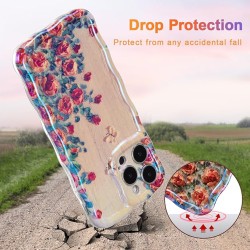 Case for iPhone 15 Pro Max, Colorful Retro Oil Painting Printed Flower Laser Glossy Pattern Cute Curly Wave Edge Exquisite Phone Cover Stylish Durable TPU Protective Case for Girls Women-Beige