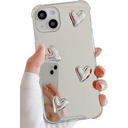 Compatible with iPhone 15 case,Mirror Senior Silver Cute Heart Soft Silicone Clear Makeup Mirror Women Girls Shockproof Protect Cover Case for iPhone 15
