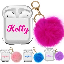 Airpods Case Cover Compatible with AirPods 2nd 1st Generation with Furball keychian, 4 Color to Choose Hot Pink Blue Lavender Pompom, Personalized for Girls and Women