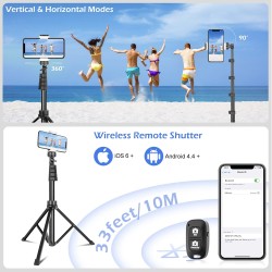 62" Phone Tripod & Selfie Stick, Extendable Cell Phone Tripod Stand with Wireless Remote and Phone Holder, Compatible with iPhone Android Phone, Camera (Black)