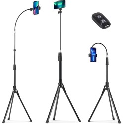 92’’ Tall Cell Phone Tripod Stand with 16.5’’ Flexible Gooseneck and Remote, Overhead Tripod with Adjustable 360°Ball Head & Phone Holder for iPhone 15 Pro Max/Plus/14/13/12/11, Android